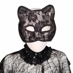 Sleek Black Floral Lace Plastic Cat Feline Mask Whiskers Glam Goth Avant Garde